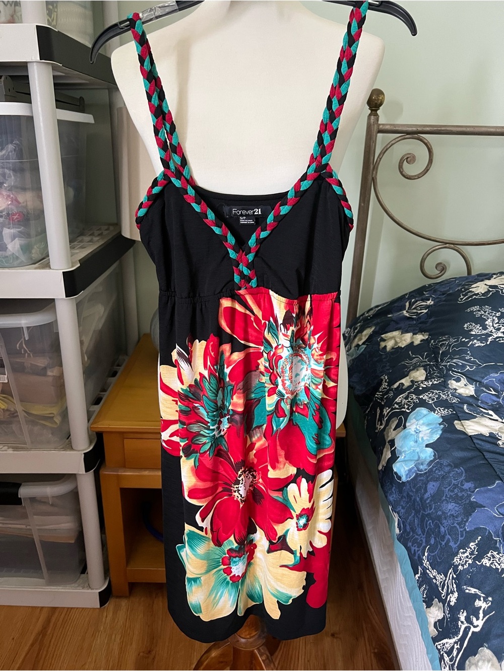 Forever 21 Women’s Small Babydoll Braided Straps Black Mini Floral Print Dress